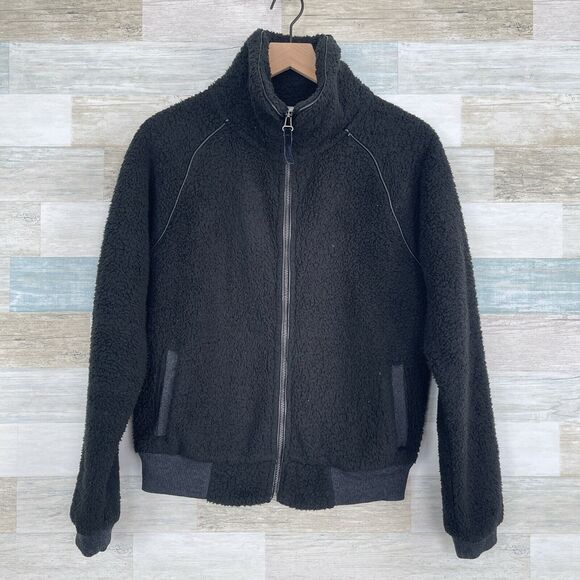 American Eagle Fluffy Fleece Zip Jacket Black Mock Neck Pockets Womens Medium - Picture 1 of 7
